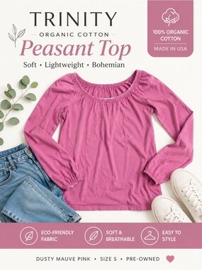 Trinity Organic Cotton Peasant Top Mauve Pink Boho Scoop Neck Long Sleeve S